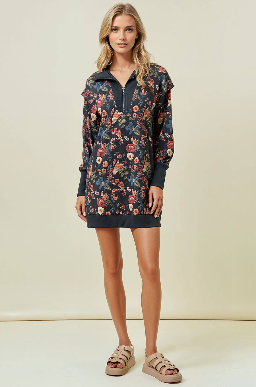 Floral Half Zip Up Sweater Dress