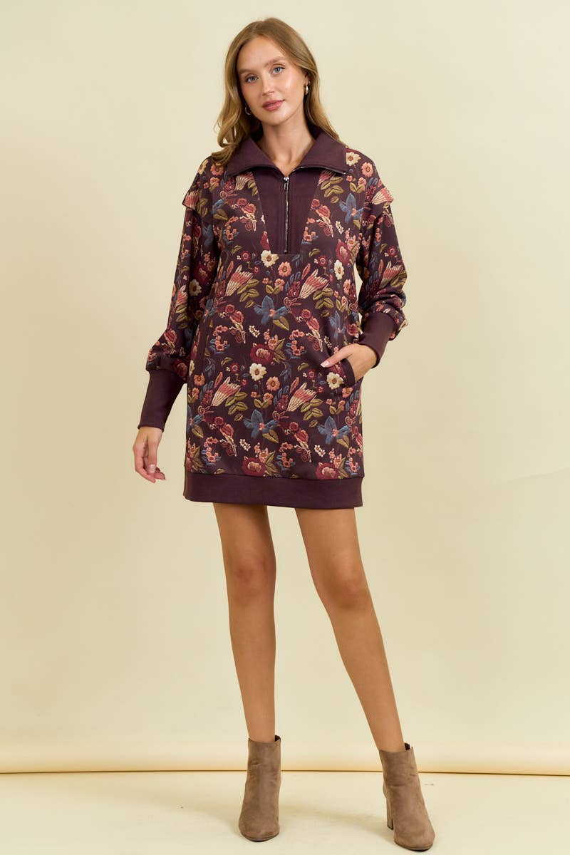 Floral Half Zip Up Sweater Dress