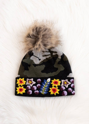 P.A Co. - Camo w/Floral Cuff Pom Hat