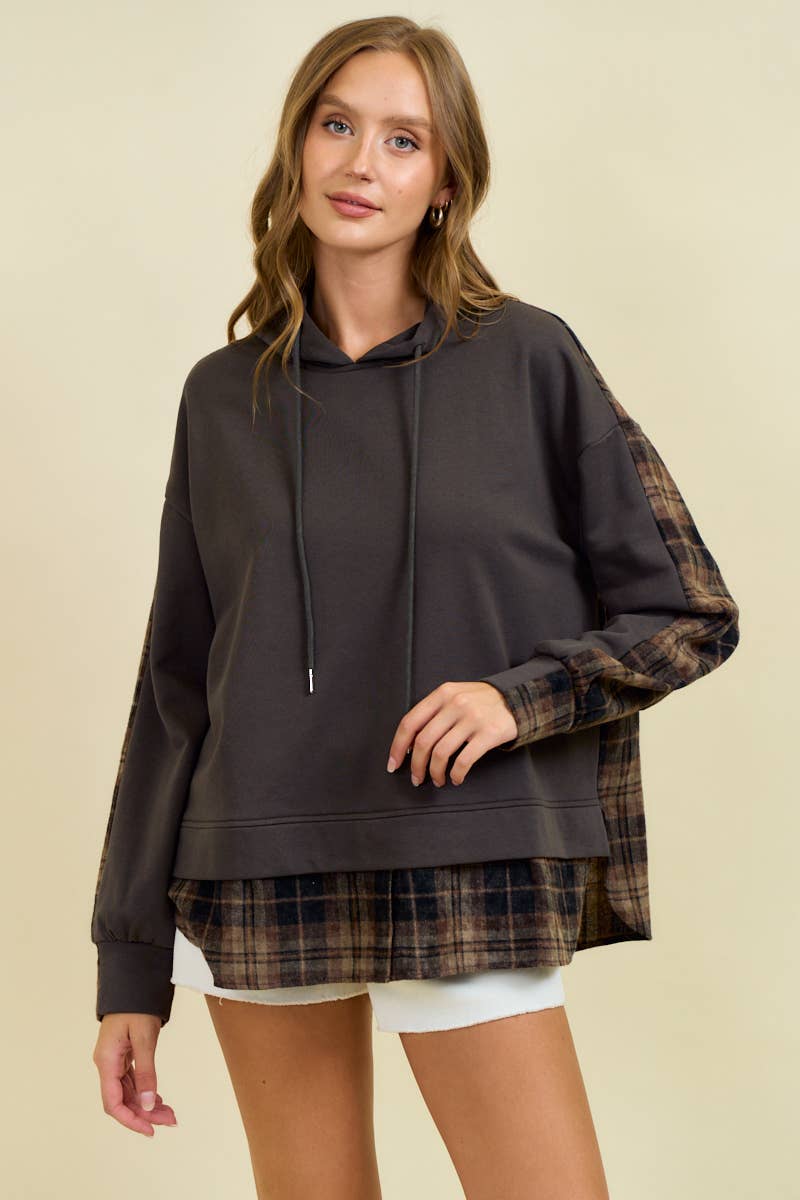 French Terry & Flannel Plaid Pullover Hoodie