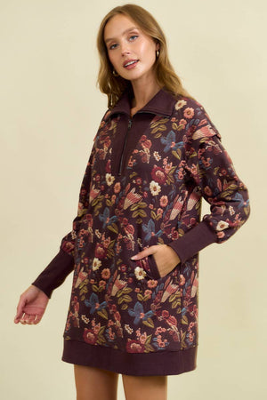 Floral Half Zip Up Sweater Dress