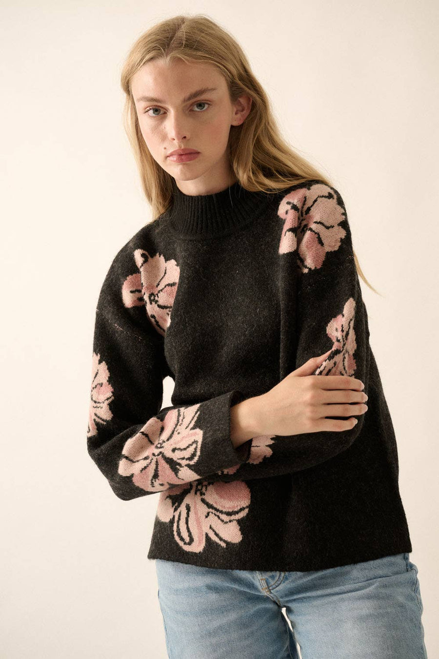 Floral Mock-Neck Sweater