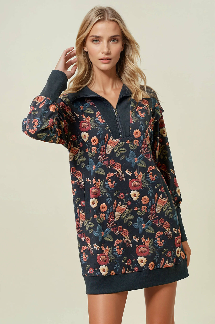Floral Half Zip Up Sweater Dress