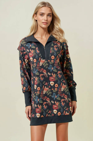 Floral Half Zip Up Sweater Dress
