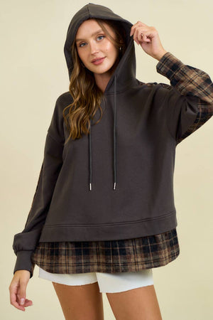 French Terry & Flannel Plaid Pullover Hoodie