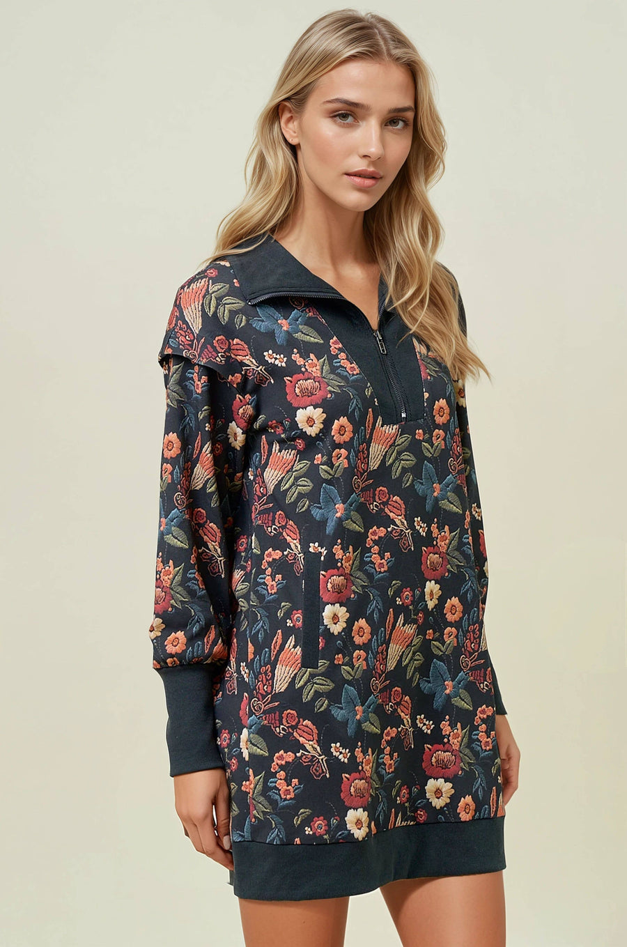 Floral Half Zip Up Sweater Dress