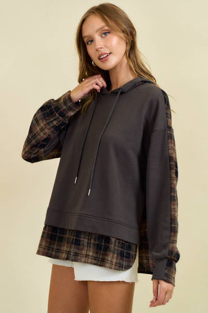 French Terry & Flannel Plaid Pullover Hoodie
