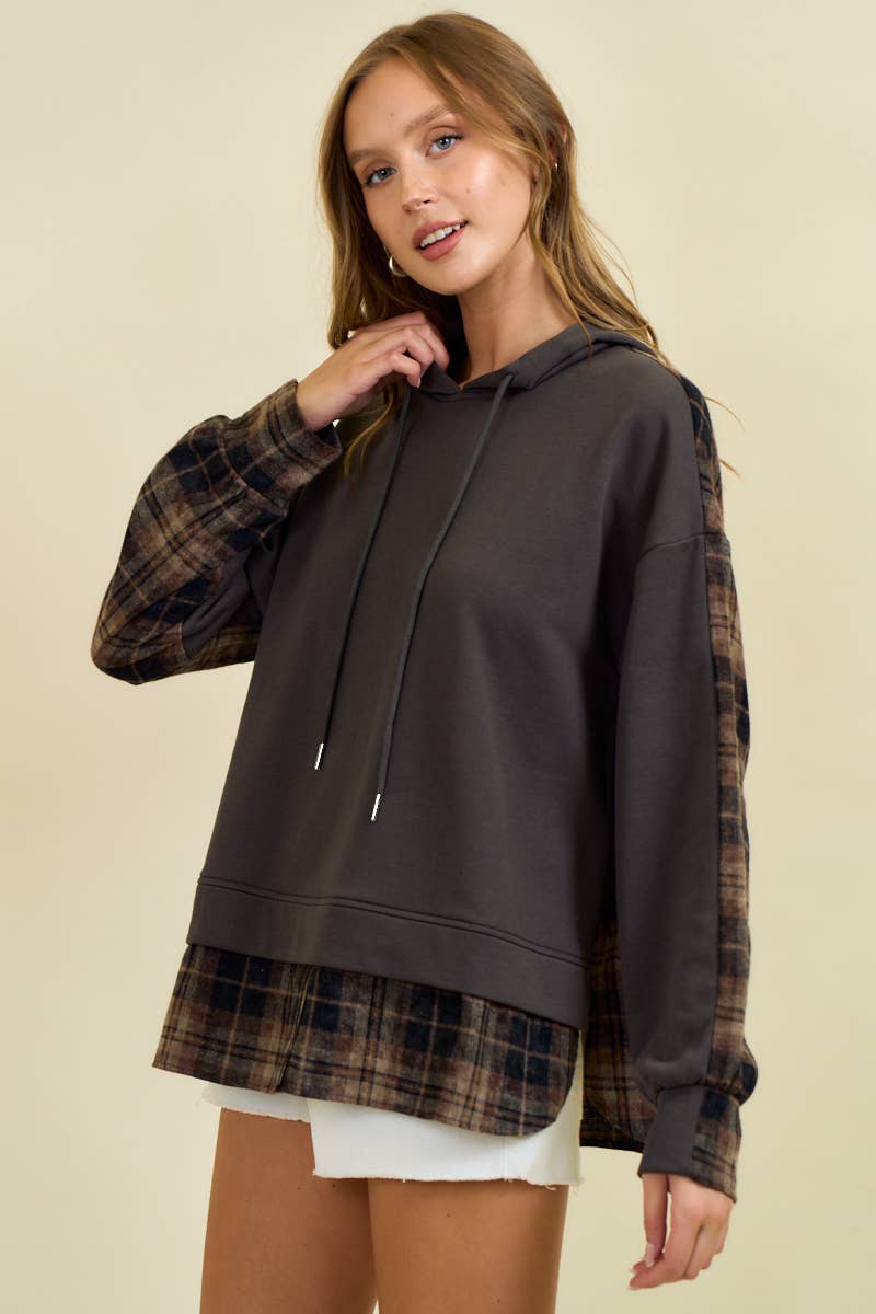 French Terry & Flannel Plaid Pullover Hoodie