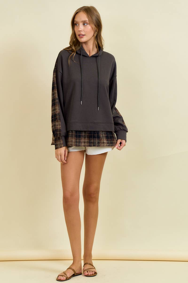 French Terry & Flannel Plaid Pullover Hoodie