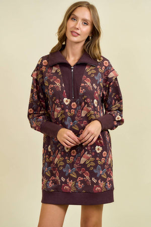 Floral Half Zip Up Sweater Dress