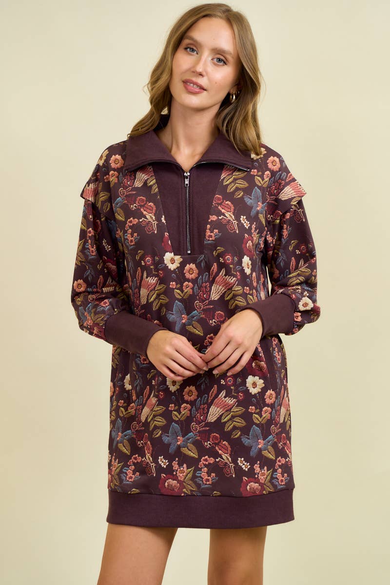 Floral Half Zip Up Sweater Dress
