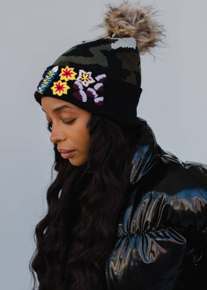 P.A Co. - Camo w/Floral Cuff Pom Hat