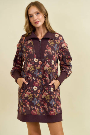 Floral Half Zip Up Sweater Dress